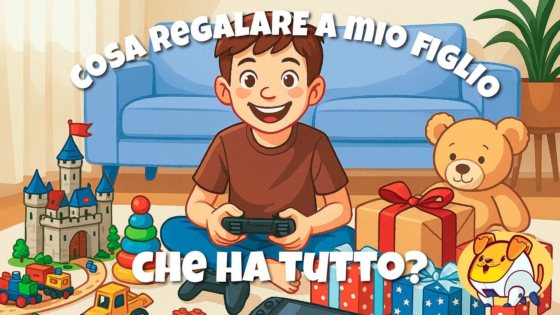 Bambino che gioca con tanti giochi e pacchi regalo chiusi