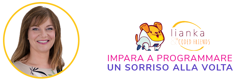 Lianka Prada con Loop, il cagnolino robot - banner con logo del brand Lianka & the Coded Friends e slogan "impara a programmare un sorriso alla volta"