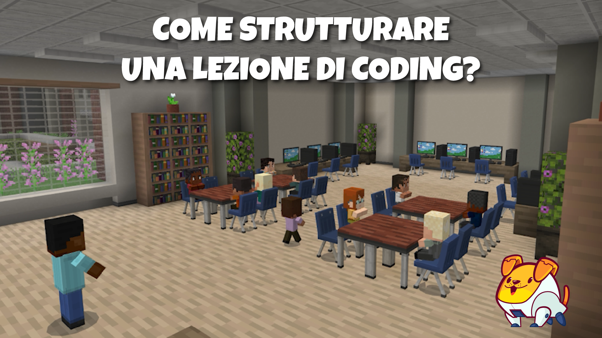 Lezione di coding in una classe Minecraft Education con insegnante che spiega coding e studenti seduti ai banchi.
