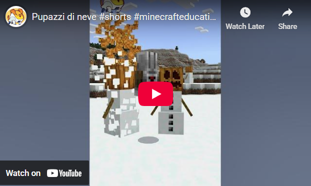 Copertina di un video YouTube short con tutorial per costruire pupazzi di neve in Minecraft Education usando il coding