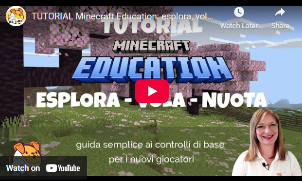 Copertina per il video di Youtube Tutorial Minecraft Education, esplora, vola e nuota nel mondo di Minecraft Education con alberi di ciliegio, Loop, la mascotte di Lianka and the Coded Friends e Lianka Prada.