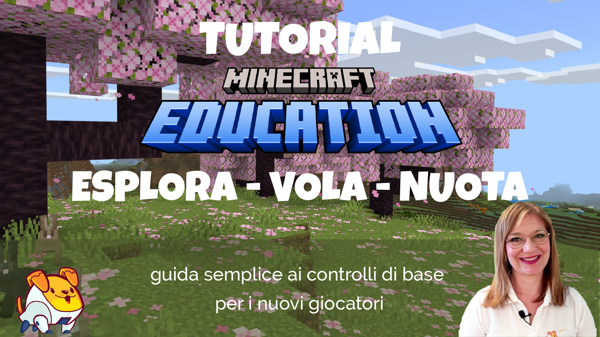 Copertina per l'articolo Minecraft Education, esplora, vola e nuota nel mondo di Minecraft Education con alberi di ciliegio, Loop, la mascotte di Lianka and the Coded Friends e Lianka Prada.