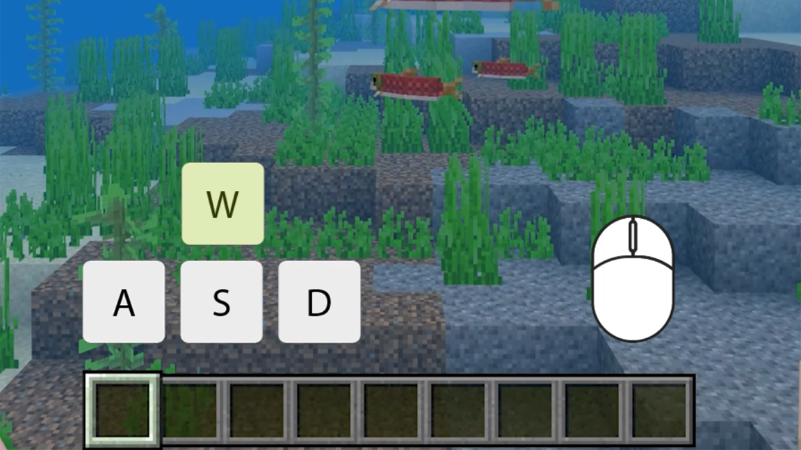 Mondo di Minecraft Education con alberi e sabbia con tasto SPAZIO per volare