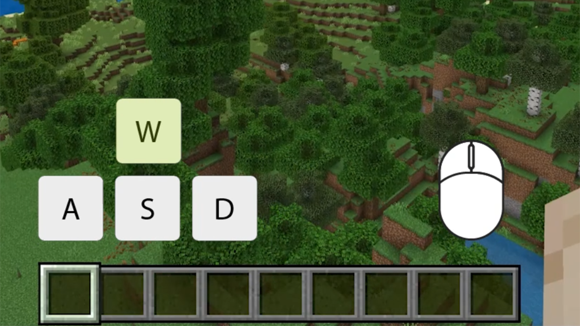 Mondo di Minecraft Education con alberi e sabbia con tasti WASD e mouse per lo spostamento
