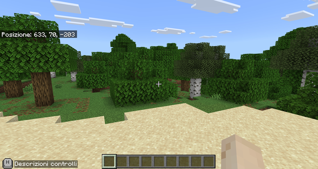 Visuale in prima persona del mondo di Minecraft Education con alberi e sabbia